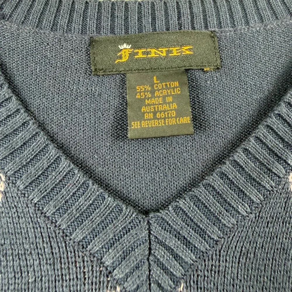 Fink Mens Navy Blue Argyle V-Neck Sweater Vest Size L Made in Australia